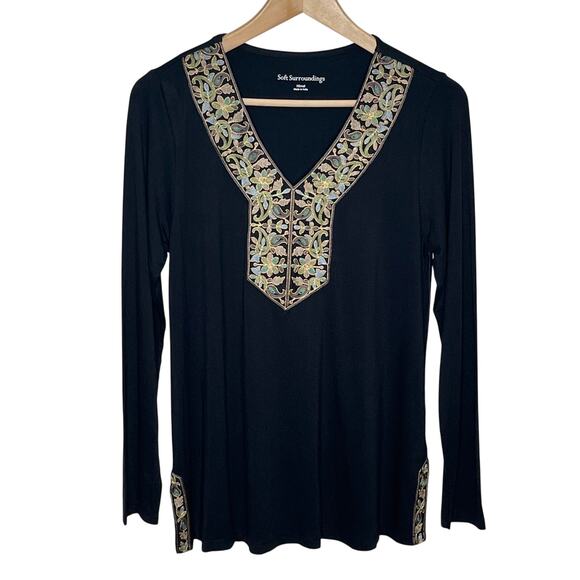 Soft Surroundings Womens Celestia Top XS Black Embroidered V Neck Boho - Picture 1 of 10